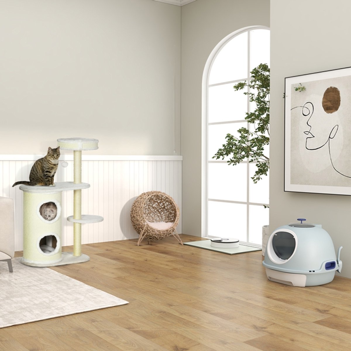 DESMIU Kattenhuis – Met Kussen – 52 x 58 cm – Rotan Metaal Polyester – Bruin – Op Verhoogde Poten Voor Binnen – Ventilerend