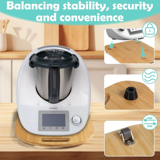 Sliding board voor Thermomix TM6 en TM5, 36 x 28 x 1 cm, accessoires van bamboe met wielen en rubberen mat voor optimale keukenfunctionaliteit — afbeelding 4