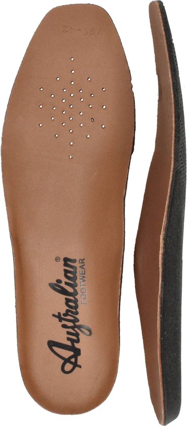 Binnenzool en zijkant van een bruine sneaker met 'Australian Footwear' logo.