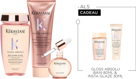 Shampooing Kérastase Gloss Absolu Hydra-Glaze et soin Insta Glaze dans des flacons roses, à côté d'un flacon en verre avec compte-gouttes.