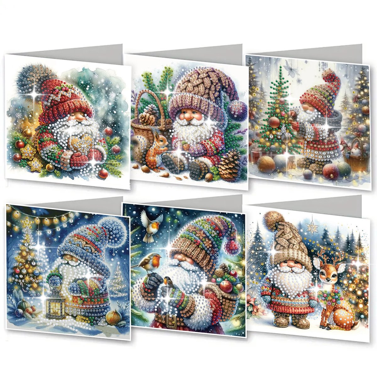 6 Stuks Diamond Painting Kerstkaarten - 15x15cm DIY Kerstkaarten Met Enveloppen - Kerstman Winter Thema Handgemaakte Wenskaarten - Complete Set Met Kleurrijke Diamanten Pen Wax En Bakje - Creatieve Hobby Voor Volwassenen Familie En Vrienden