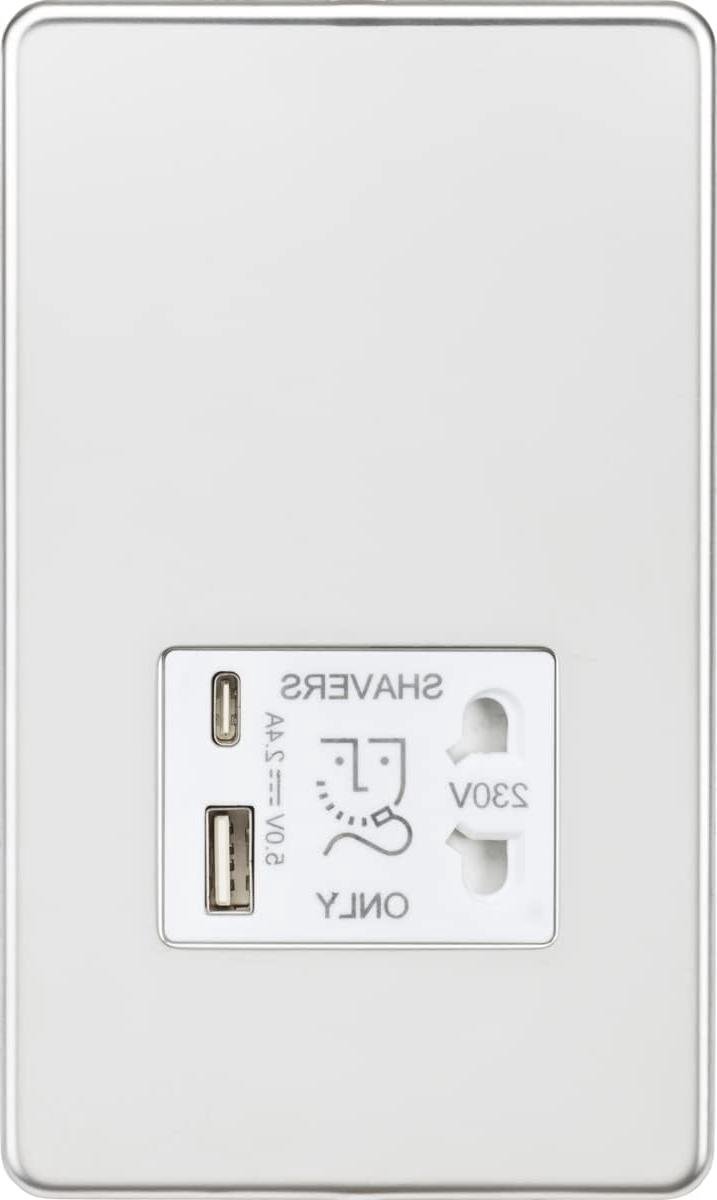 Scheerapparaat Socket - Stopcontact met USB - Badkamer Opladen - Schroefloos Ontwerp - 5V 2.4A - Chroom Wit