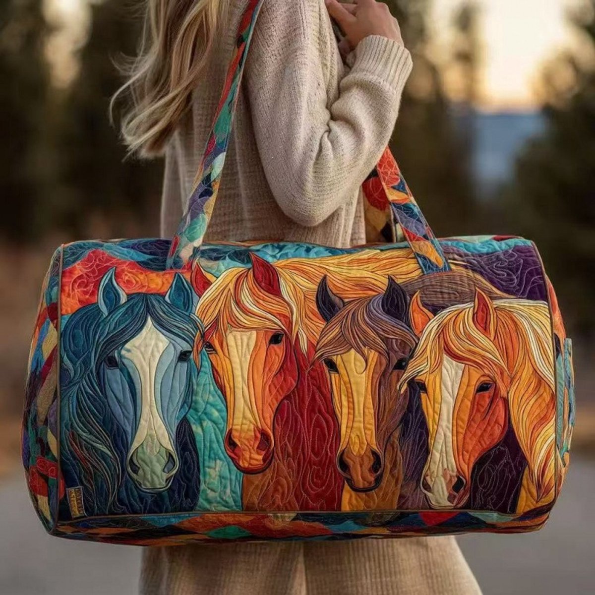 Textielen tas, retro bloemenprint in 3D-stijl, boho-stijl voor reizen en sport, meerkleurig, groot (18 x 9 x 9 inch)，84 modellen