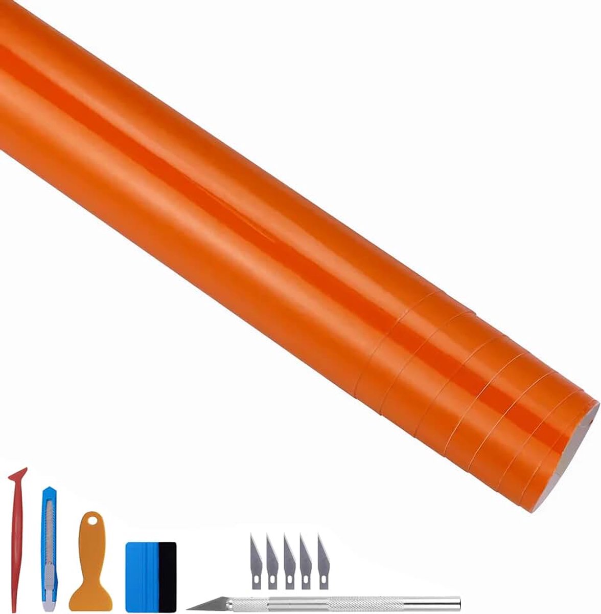 Zelfklevende hoogglanzende vinylfolie, luchtuitlaat, geschikt voor buitengebruik, oranje, 30 x 300 cm | Hoogglans oppervlak, montagegereedschap inclusief luchtkanalen, rekbaar, geschikt voor buiten, auto's, motorfietsen, meubels