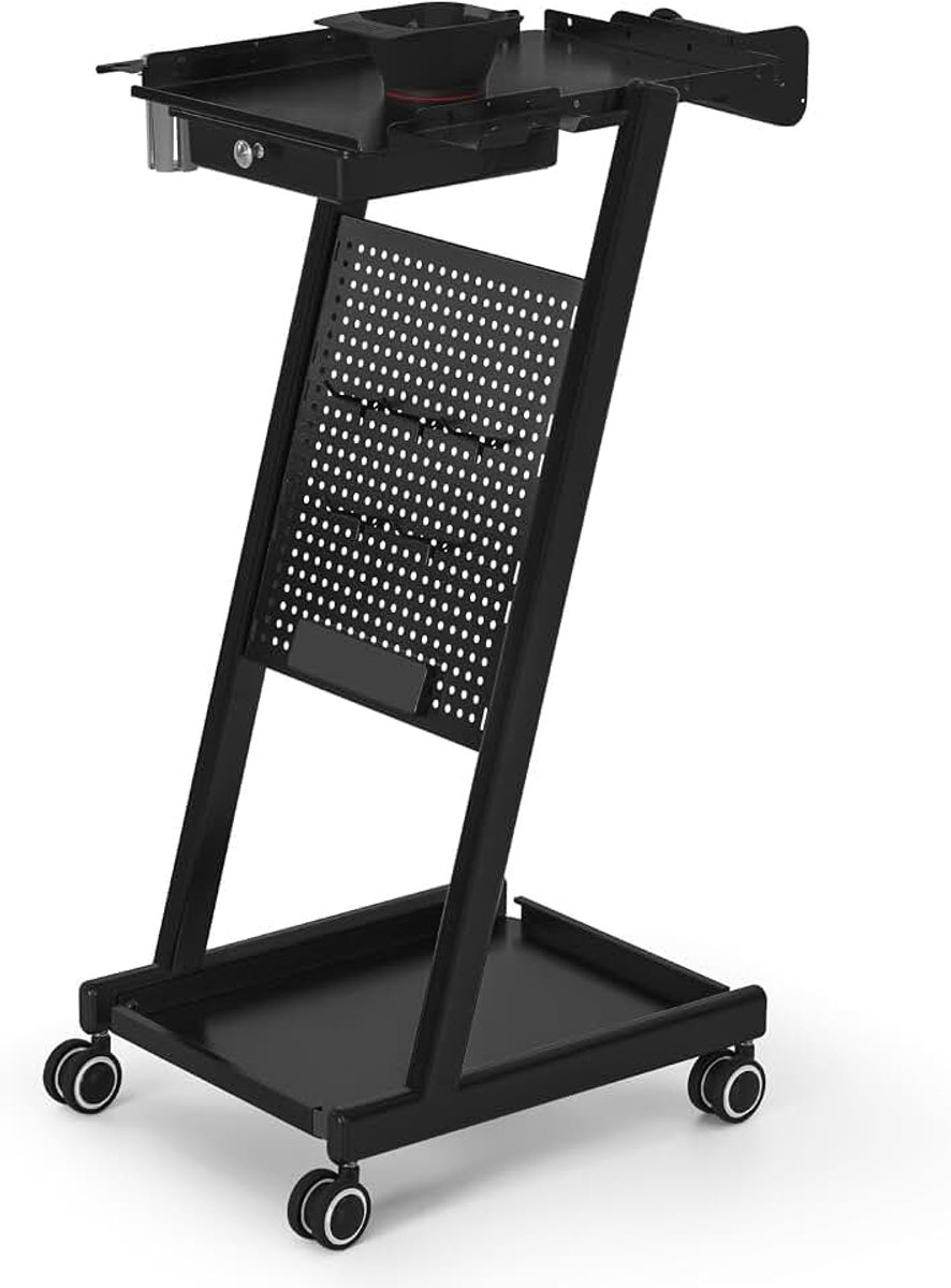 Kapperswagen met lade en 2 planken, kappers werkwagen met kleurkom, foliehouder en 5 haken, beauty salon trolley van metaal, rolwagen 47x39x94 cm, 0085 (zwart)
