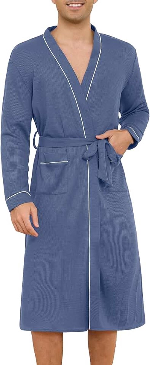 Badjas, wafelpiqué voor heren, lange mouwen, saunamantel, wafelgebreid, ochtendjas, lang, loungewear met riem en zakken