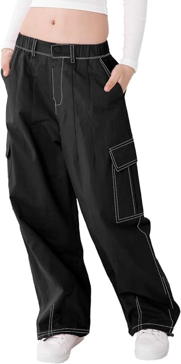 Cargobroek voor meisjes, katoenen baggy broek met elastische taille en meerdere zakken, voor kinderen van 6 tot 15 jaar