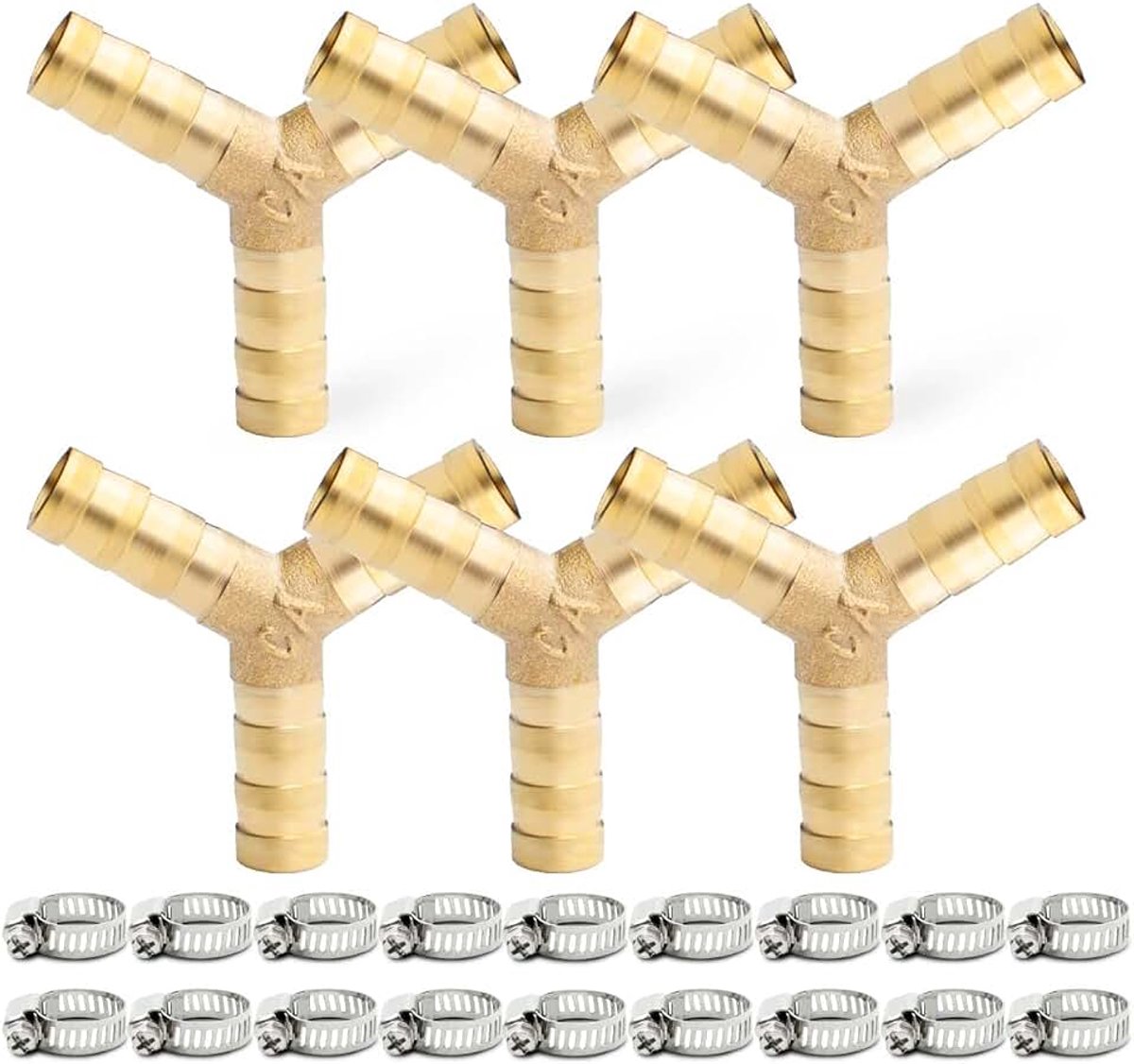 6 delige slangpilaarfittingen, 6 mm 3 weg Y vormige messing weerhaakconnector met 18 klemmen