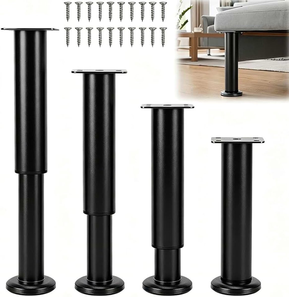 Verstelbaar, 18-30 cm, 4 stuks, zwart, in hoogte verstelbaar, metaal, in hoogte verstelbare poten voor meubelpoten, kastpoten, tafelpoten, commodepoten, bedpoten