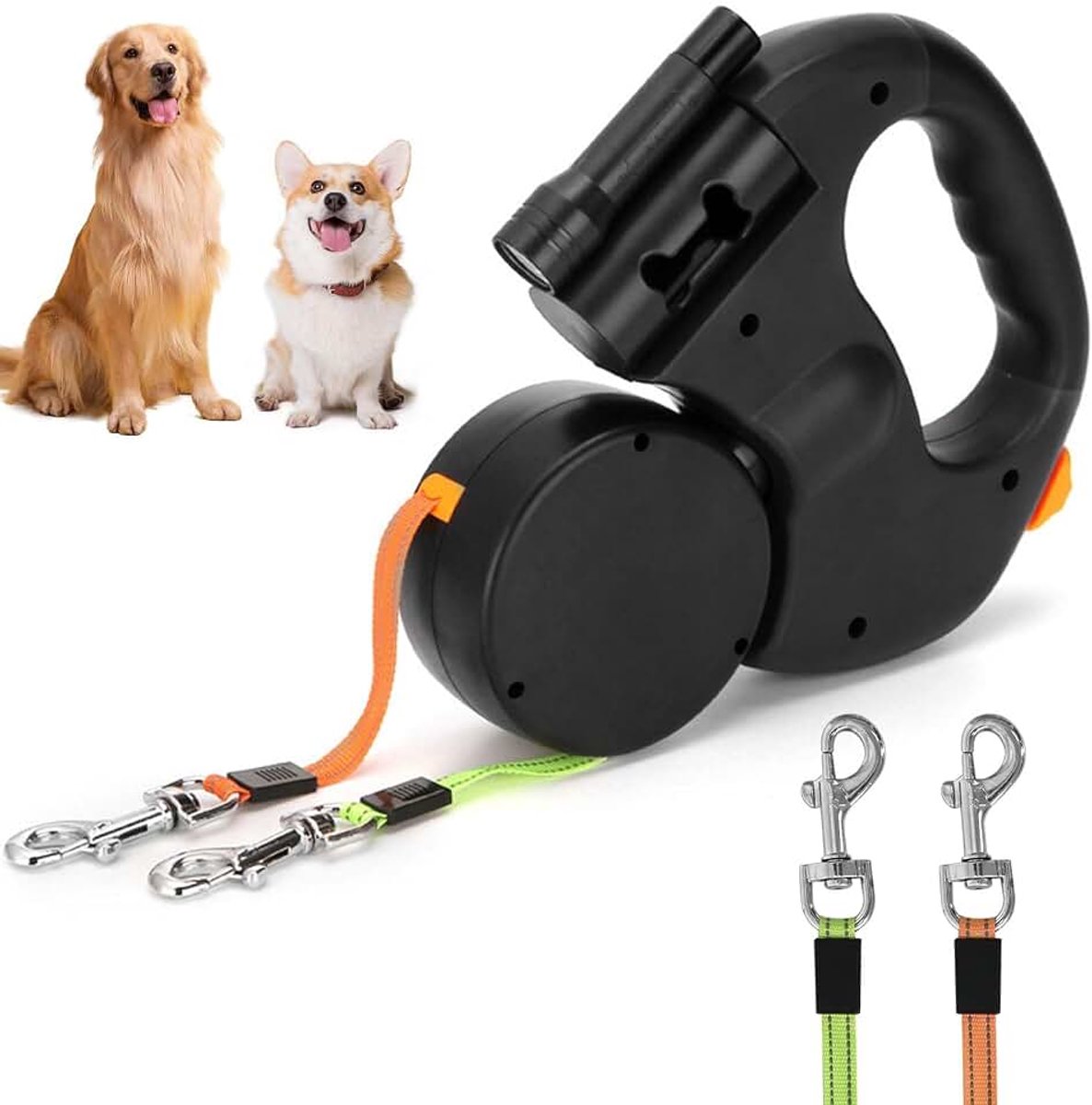 Hondenriem, 3 meter, uittrekbare lijn voor 2 honden, uittrekbare hondenriem voor kleine honden, intrekbare dubbele lijn met zaklamp voor training en wandelen, 360 graden, zonder in de war