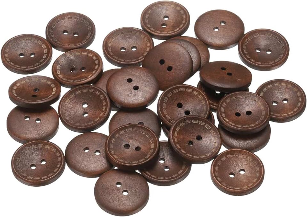 Knopen, 25 mm, 2 ronde gaten, houten knopen voor het naaien van decoratief handwerk voor het naaien van kleding, doe-het-zelf handwerk, decoratie, middenbruin