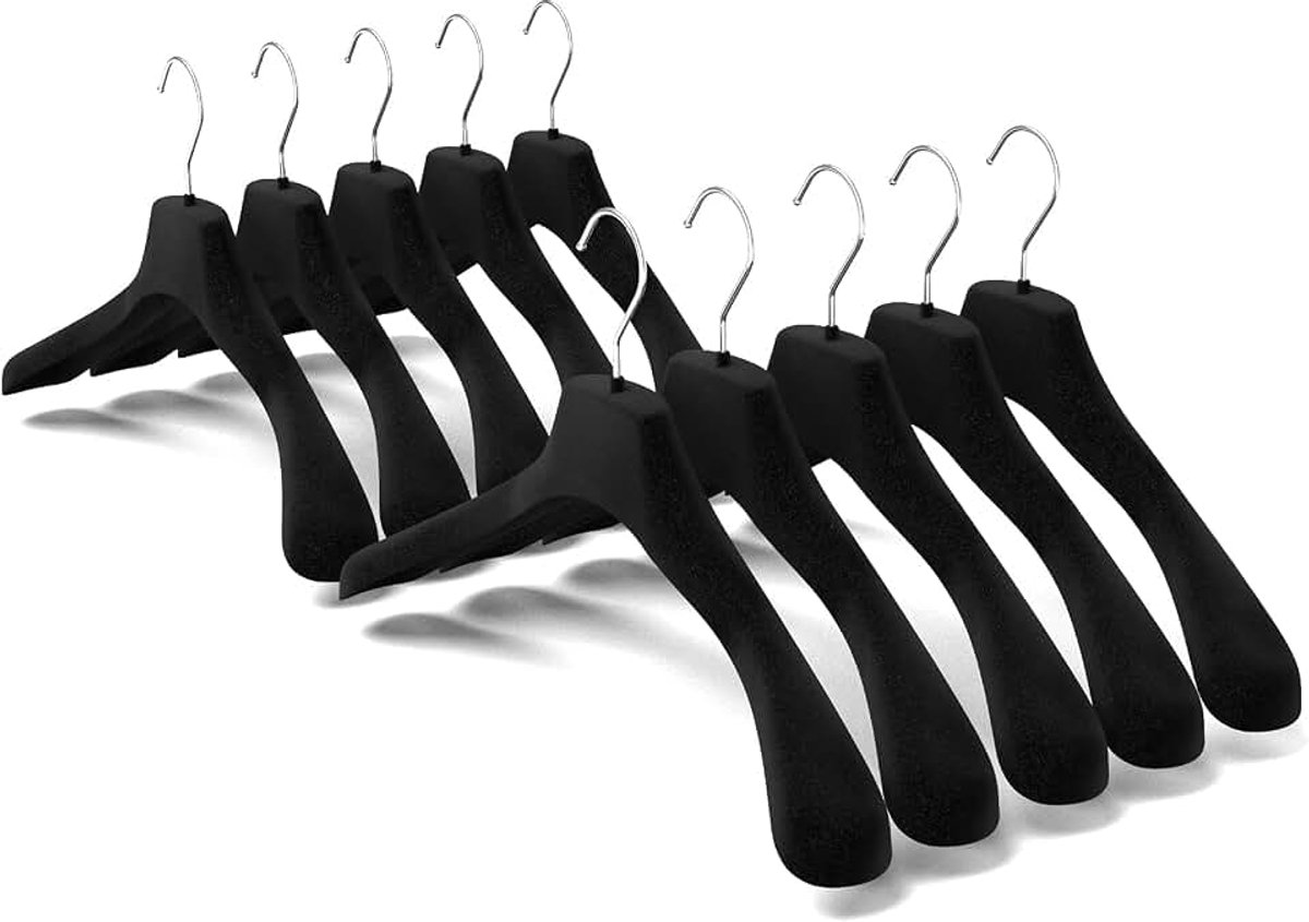 Kleerhangers van fluweel, antislip, voor bovenkleding, jassen, sweatshirts, mantels voor dames en heren, robuust, Made in Italy, 10 stuks (zwart, 42 cm)