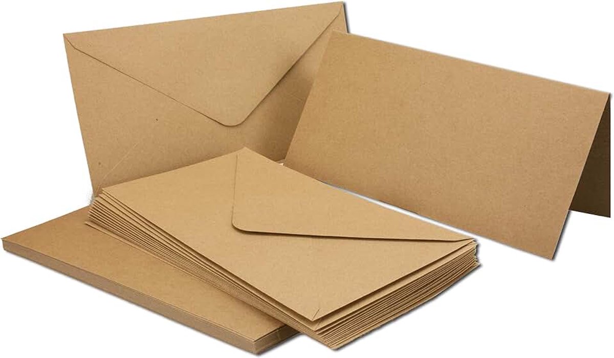 20 x kraftpapieren kaartenset, DIN lang naturel bruin, kaart: DIN lang - 20,9 x 10,4 cm (open 20,9 x 20,9 cm) - 220 g/m² - met bijpassende enveloppen met nat lijmen