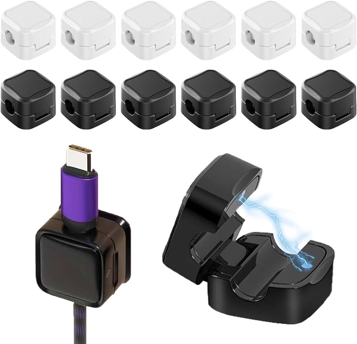 12 stuks oplaadkabel, magnetische kabelorganizer, opberghouder, kabelhouder, magnetisch, kabelhouder, zelfklevend, kabelorganizer, instelbaar, voor USB, oplaadkabel (zwart, wit)