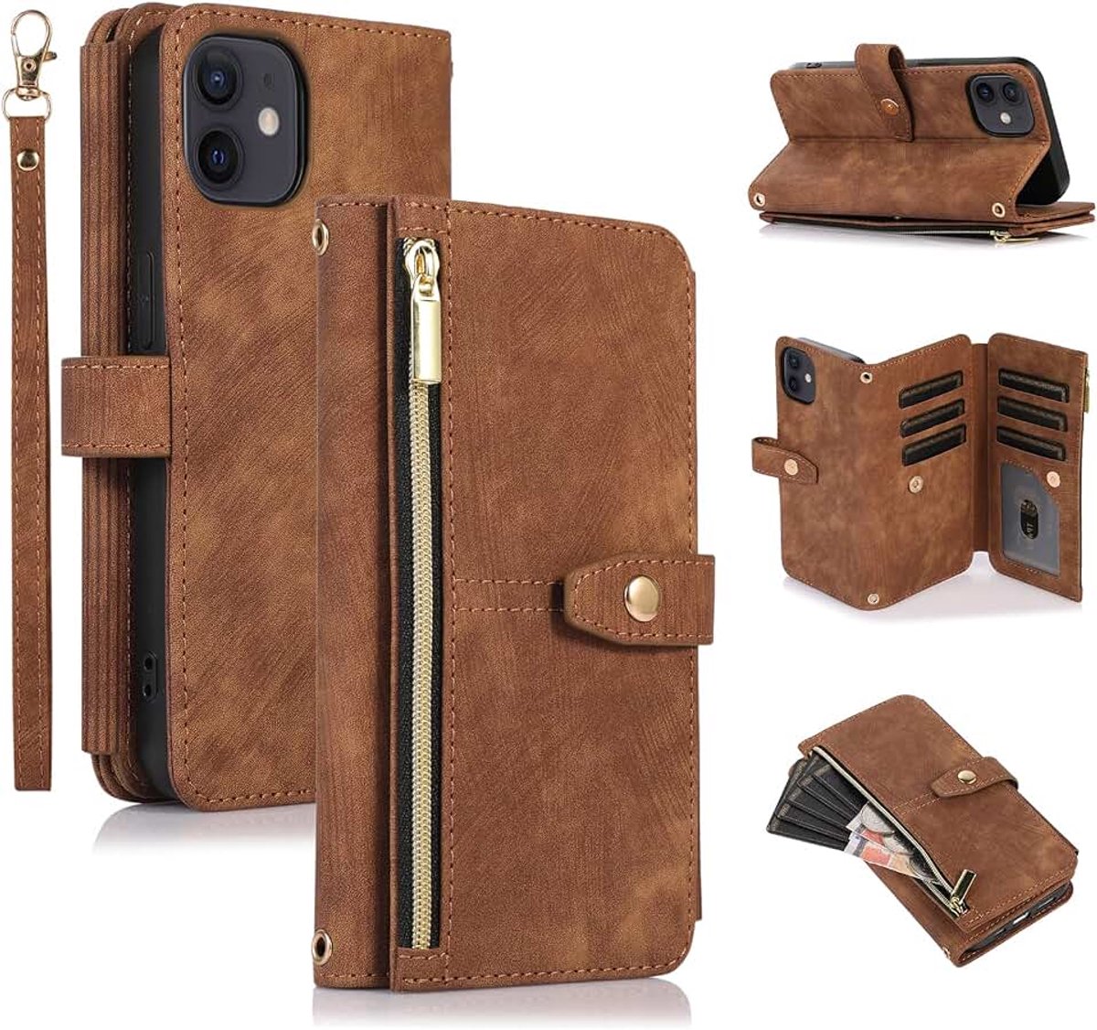 Hoes voor iPhone 12 Mini van 5,4 inch (13,7 cm), 9 kaartvakken, retro lederen portemonnee, schokbestendig, flipcase met handlus, standfunctie, ritssluiting, telefoonhoes met magneetsluiting, portefeuille, retro, bruin