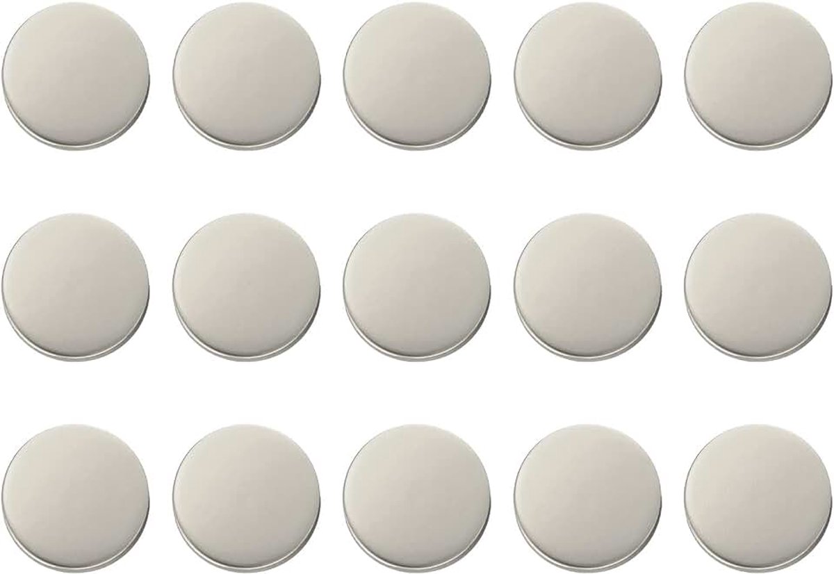 15 stuks 15mm metalen platte knoppen set met glanzende oppervlakte, ronde oogknoppen, knutselknoppen, vervangingsknoppen, knopen voor DIY, voor mannen en vrouwen, op hemden, broeken, truien