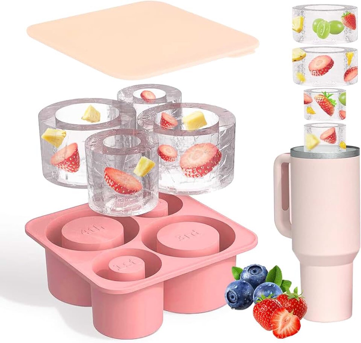IJsblokjesvorm met 4 Vakken, Siliconen ijsblokjesvorm voor Stanley, ijsblokjeshouder met deksel voor glazen van 20-40 oz, voor cocktails, whisky, koffie, Roze