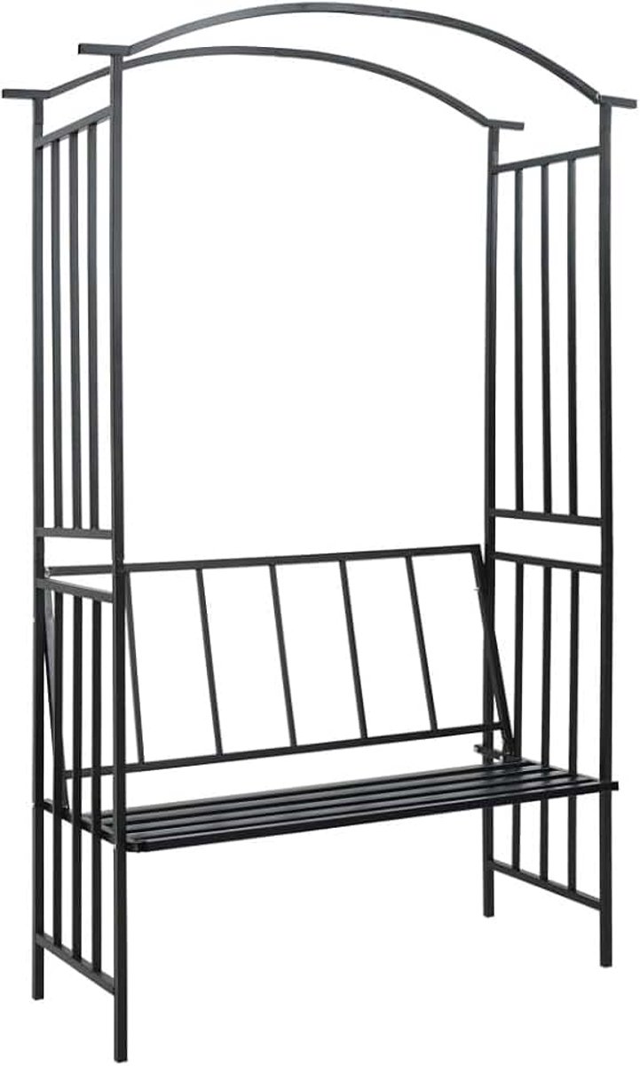 Tuinboog met ijzeren bank in zwart, rozenboog van ijzer, pergola voor de tuin, voor klimplanten van ijzer, tuinbank van ijzer, 114 x 45 x 205 cm