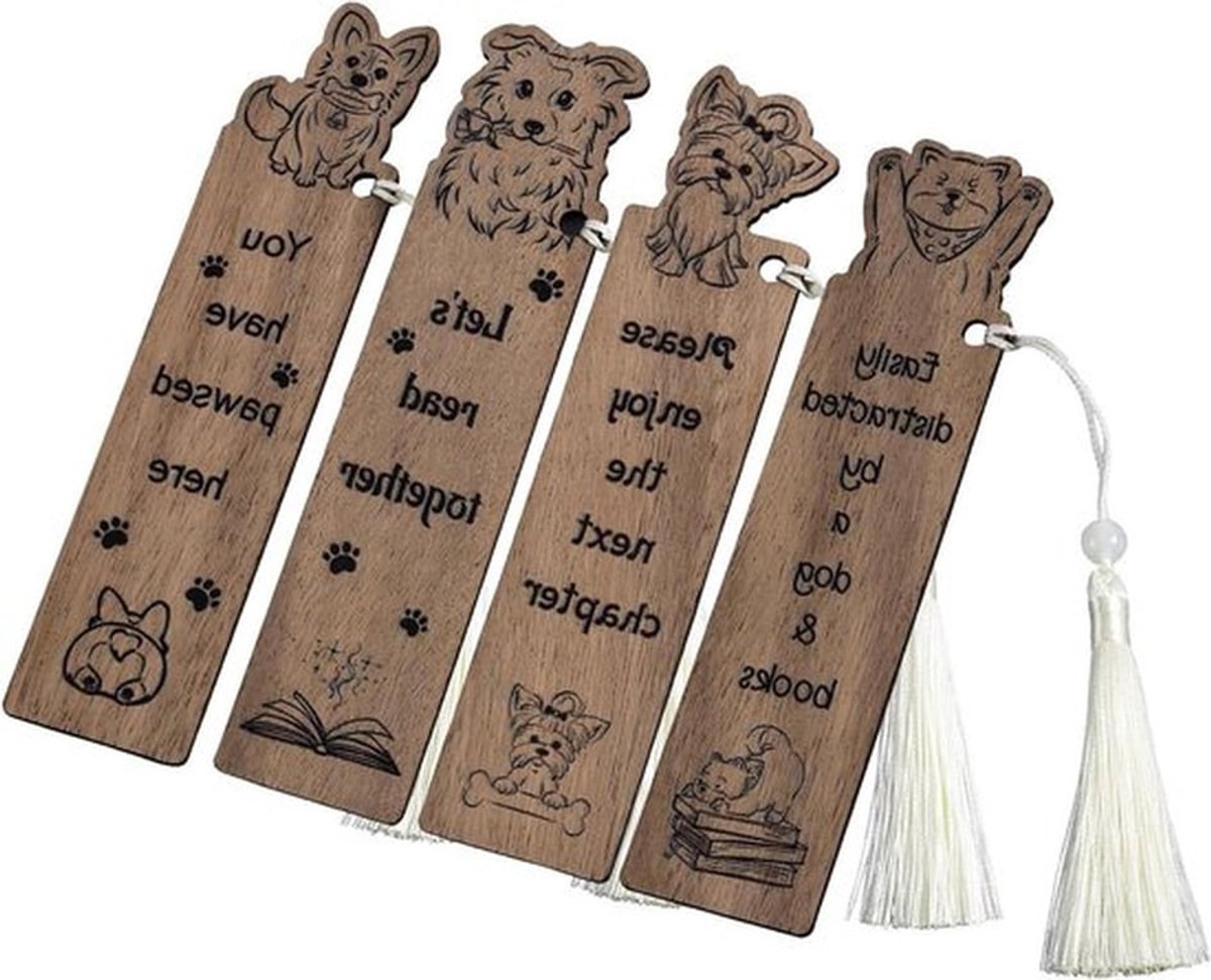 Houten Hondenboekmarkers met Kwastjes - Set van 4 Stuks - Schattig en Creatief - Leesaccessoires voor Hondenliefhebbers - Cadeau voor Mannen en Vrouwen