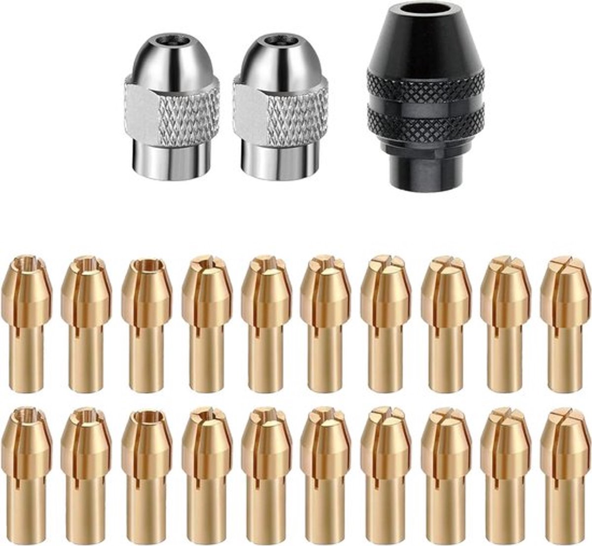 23-delige spindelset voor multifunctioneel roterend gereedschap - snelwissel boorhouder van messing, 0,5 mm tot 3,2 mm.