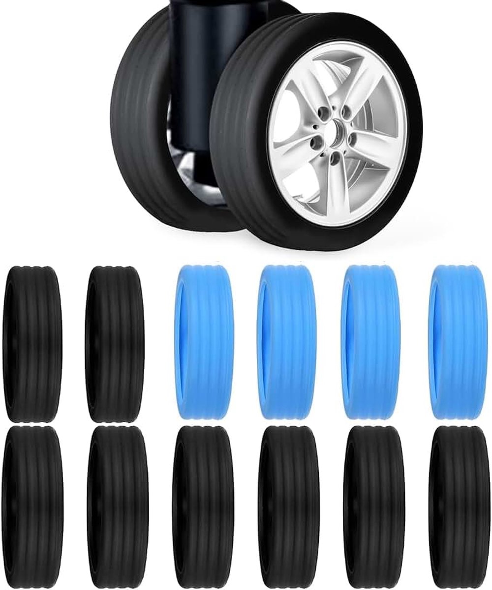 12 stuks bagagewielhoezen, draagbare siliconen koffer wielhoes, vermindert geluidsschokabsorptie, geschikt voor alle soorten bagage, Zwart en blauw, Eén maat