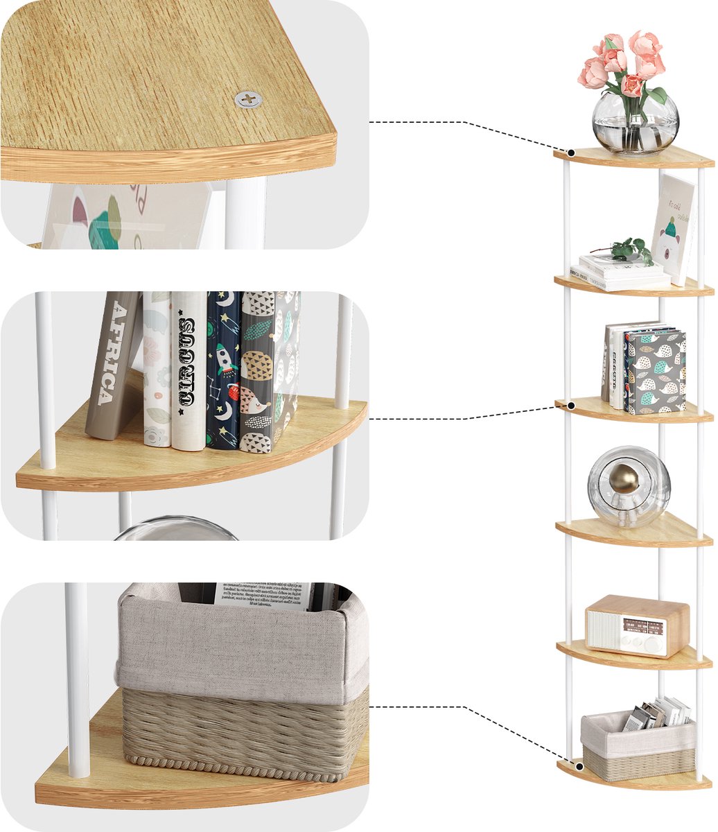 PIPIPOXER Hoekkast met 6 Lagen Hoekrek Opbergkast in Industriële Stijl 30 x 30 x 154 cm Staande kast voor Woonkamer Slaapkamer Keuken Woonkamer en Keuken Boekenkast en Plantenrek Witte esdoorn