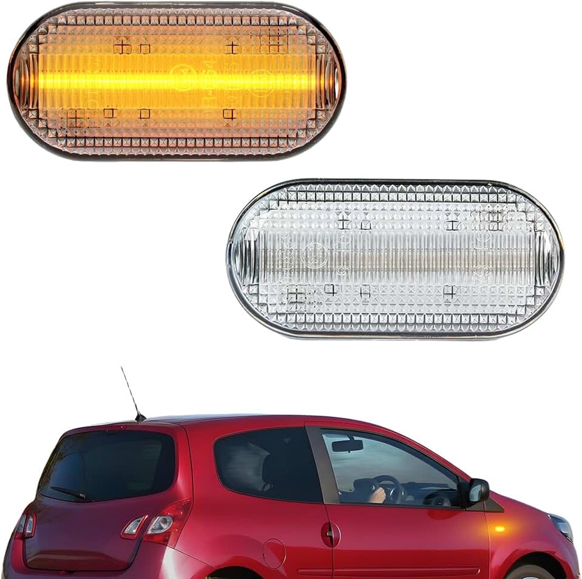 Zijrichtingaanwijzers geschikt voor Renault Clio, Espace, Twingo, amber knipperlichten voor O.pel Vivaro A en Dacia Duster, rubberen afdichting, heldere lens, hoog helderheid, 2 stuks