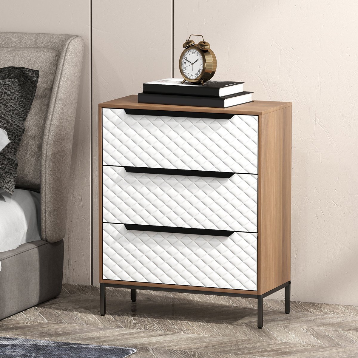 TEKROA® Ladekasten - Met 3Lades - vfronten met ruitpatroon, geschikt voor woonkamer, kantoor of kleedkamer -59.5x30x73.5 - wit.