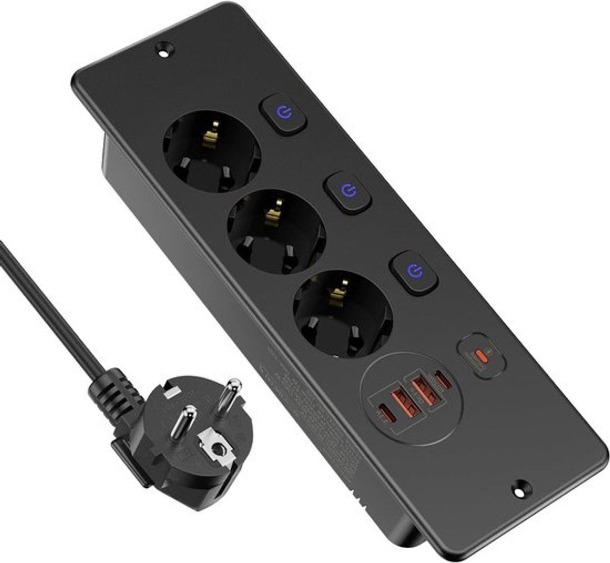 Drie-weg inbouwstopcontact met 2 USB-poorten, 3 schakelaars en 2 meter kabel - zwart, ideaal voor tafelgebruik en opladen van apparaten