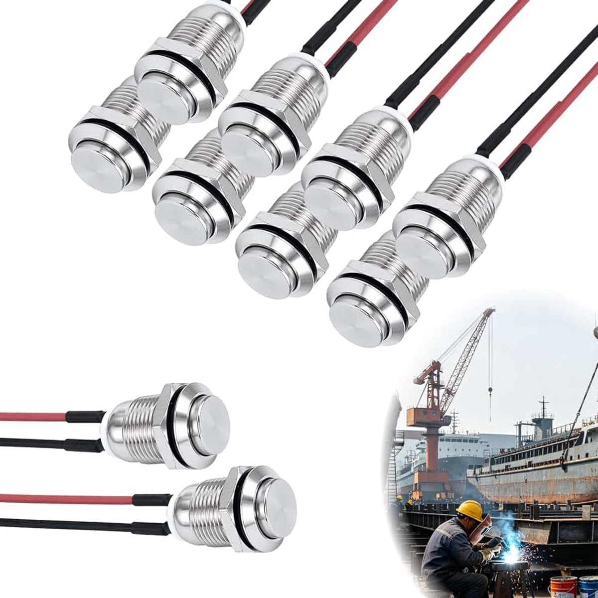 10 stuks momentane drukknop 12 mm, schakelaar van roestvrij staal, IP65, voorbekabeld, 2 A, voor 12 V, 24 V, 125 V, 250 V, aan/uit-knop met hoge kop voor bedieningspaneel
