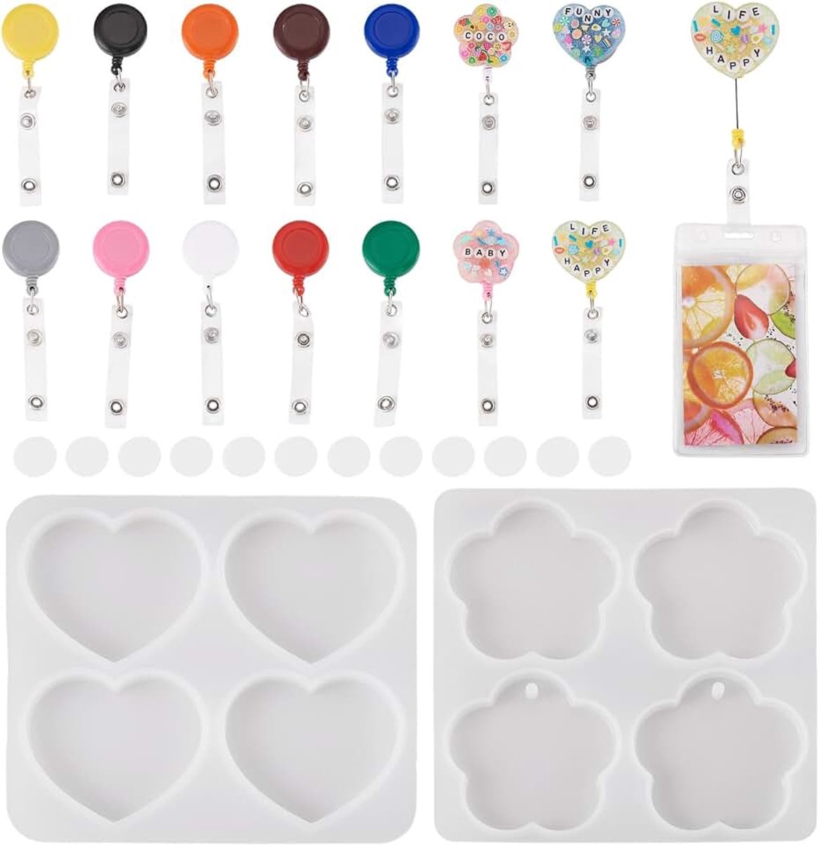 2 Stuks Badge Reel Siliconen Mallen Hart Bloem Epoxy Hars Gietvorm Met Kleurrijke Badge Houders Voor Diy Naam ID Houders Sieraden Craft Maken