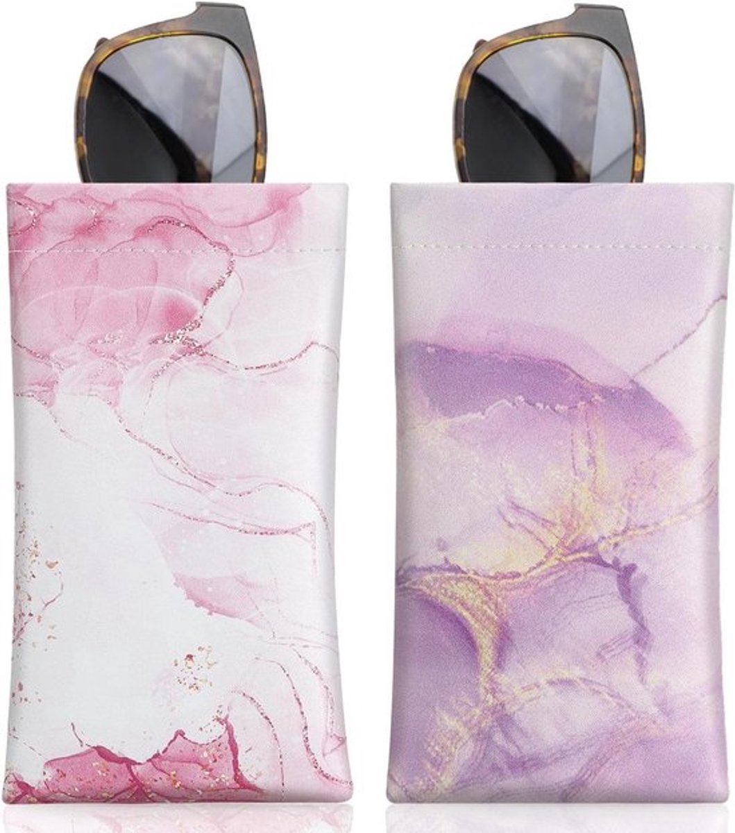 Top Brillianten Hoesje 2 Stuks - Zacht Brillenhoesje van Leer - Brildrager Etui met Schoonmaakdoekje - Lila Marmer + Lichtroze Marmer