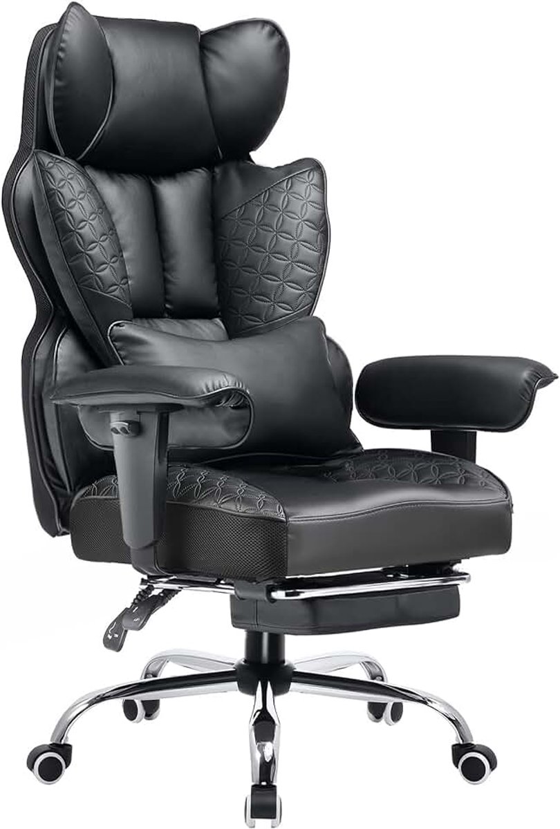 Grote en hoge bureaustoel, 180 kg brede ergonomische gamingstoel met luxe reliëf, ontworpen leer met voetensteun, 150 ° verstelbare armleuningen, zak, veer