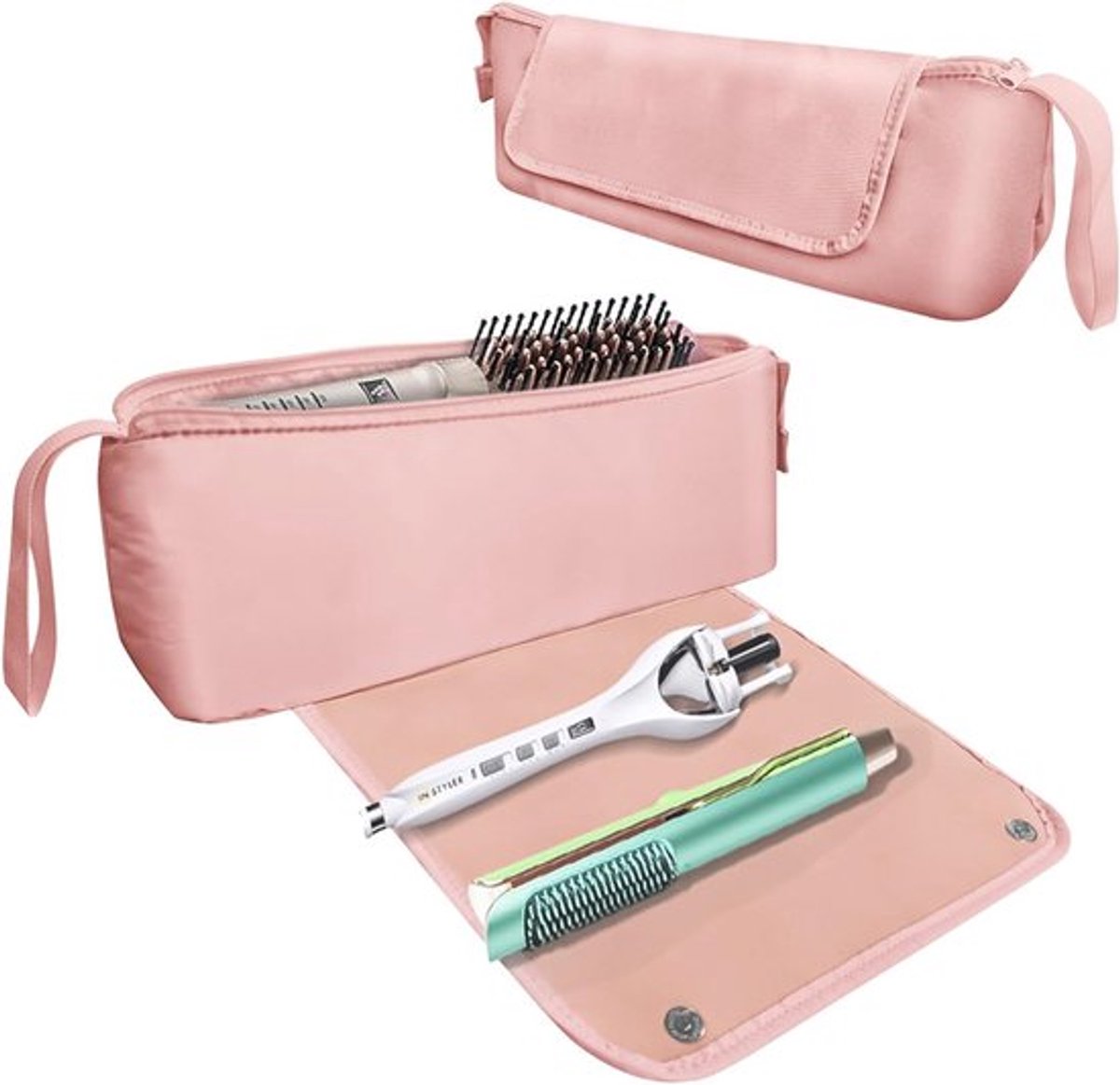 Draagbare Reis Organizer met Warmtebestendige Mat, Ideaal voor Haartools en Reisbenodigdheden, Perfect Cadeau voor Veelreizigers (Roze)