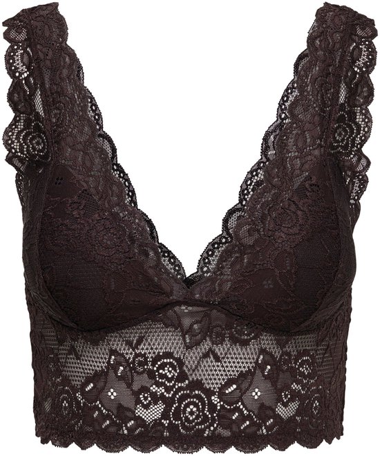 Donkerbruine kanten bralette met V-hals en geschulpte rand