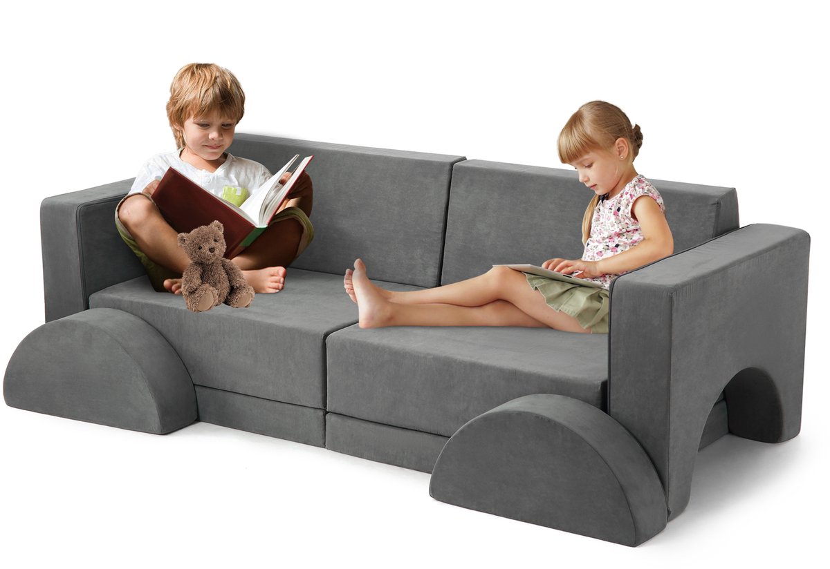 Danky - Modulaire Kinder Bank 8‑Delen - Omvormbaar Schuimbankje, Wasbare Hoes, Zacht Zitmeubel - 153x65x53cm - Grijs