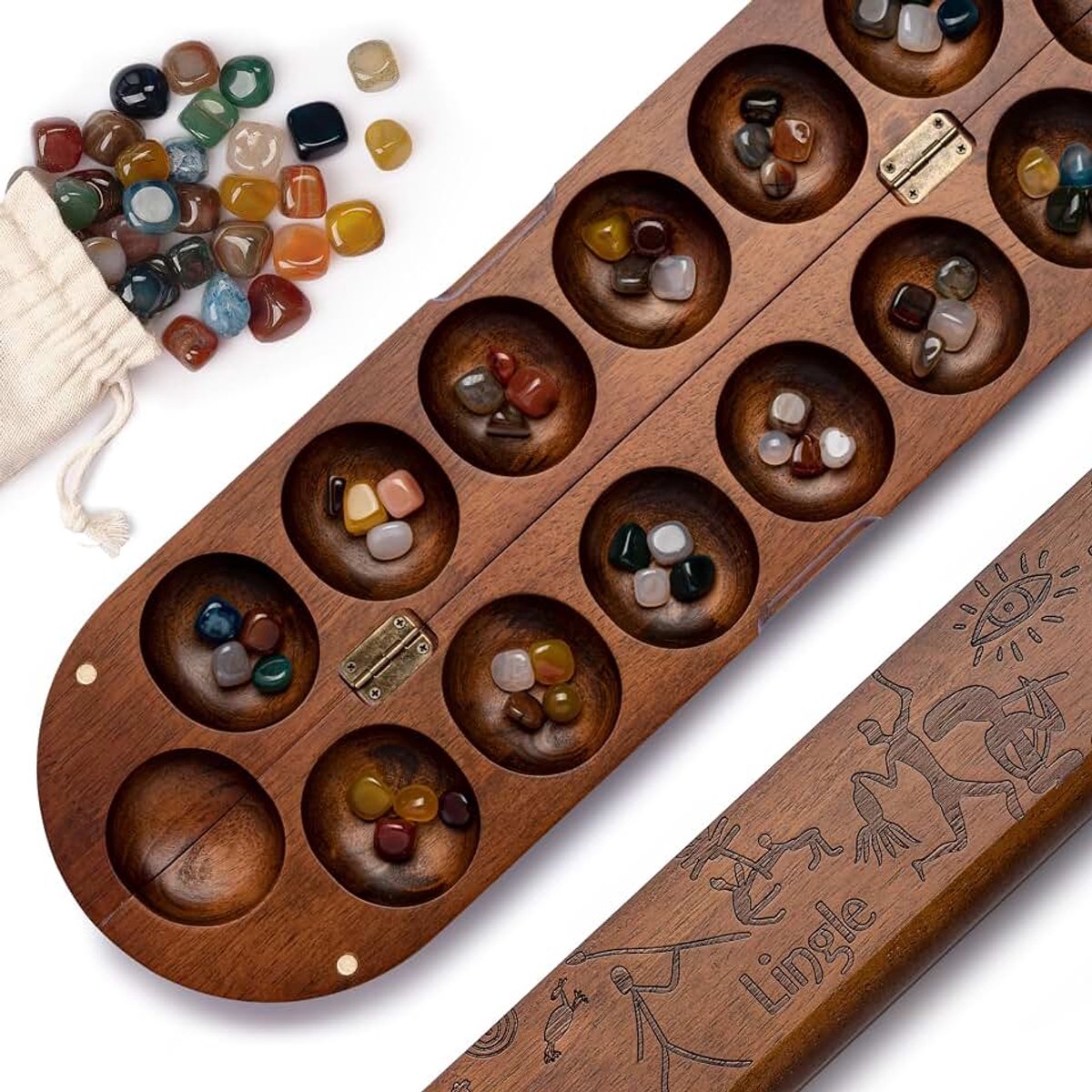 Mancala-set: Echt houten scharnierbord met 48 gemengde natuurlijke edelstenen - Authentieke Afrikaanse petrogliefen, opvouwbaar ontwerp voor 2-spelers strategiespelletje