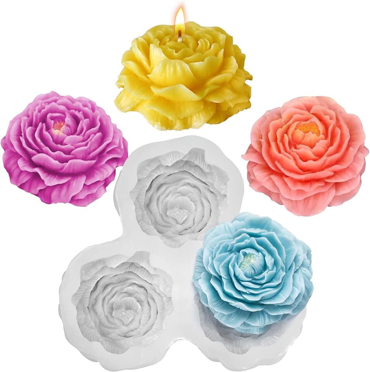3D siliconen mal pioenroos bloem 3 compartimenten voor kaarsen zeep was gips hars roze pioenroos oog accessoires diy