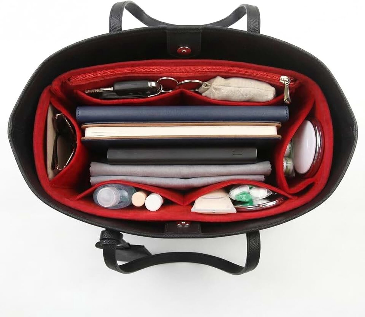 Stoffen voering handtas-organizer-inzet voor dames, lichtgewicht handtasorganizer met vak met ritssluiting (Red, XL)