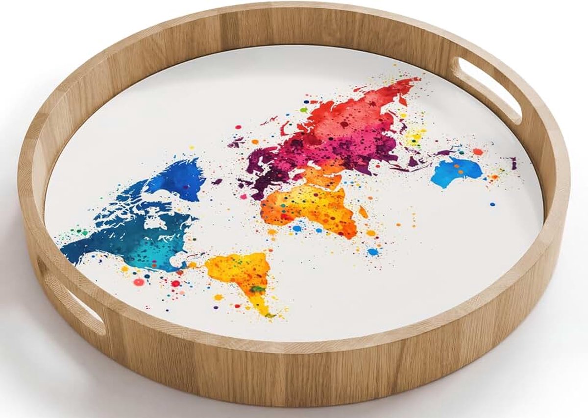 Rond 40x40 cm Houten Dienblad Met Handgrepen Eikenhout Krasbestendig Hittebestendig Wooden Serving Tray Koffie Eten Wereldkaart - Graffiti - Kleurrijk