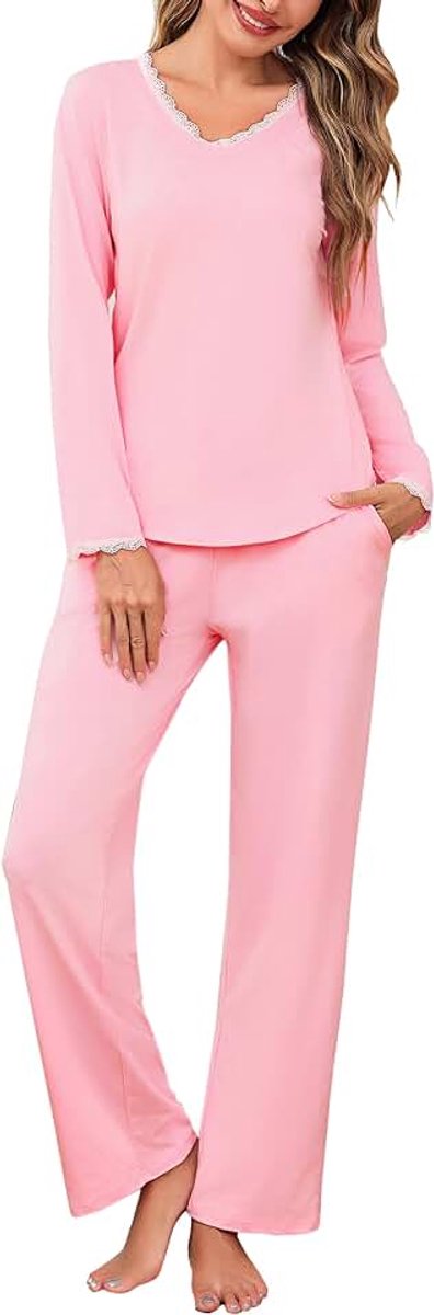 Damespyjama voor de winter, katoen, 2-delig, met V-hals, broek en lange mouwen, comfortabele slaapkleding met zakken en trekkoord, grote maten
