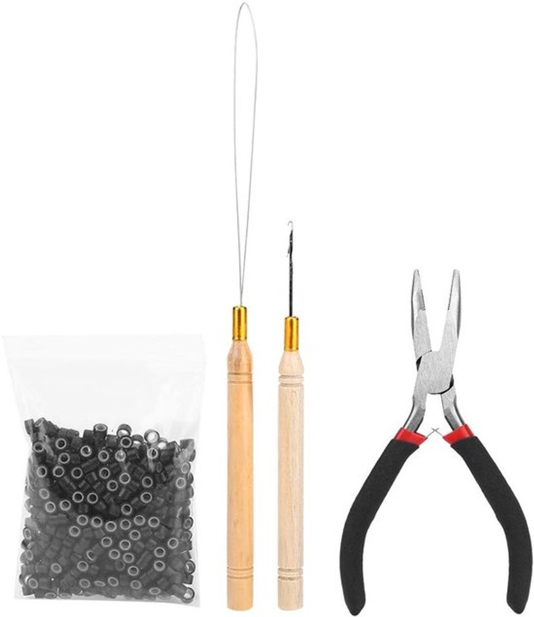 4-delige set haarverlenging tang met micro-ring verbinding en veren - zwart, roze, blauw - inclusief 500 stuks verbindingen