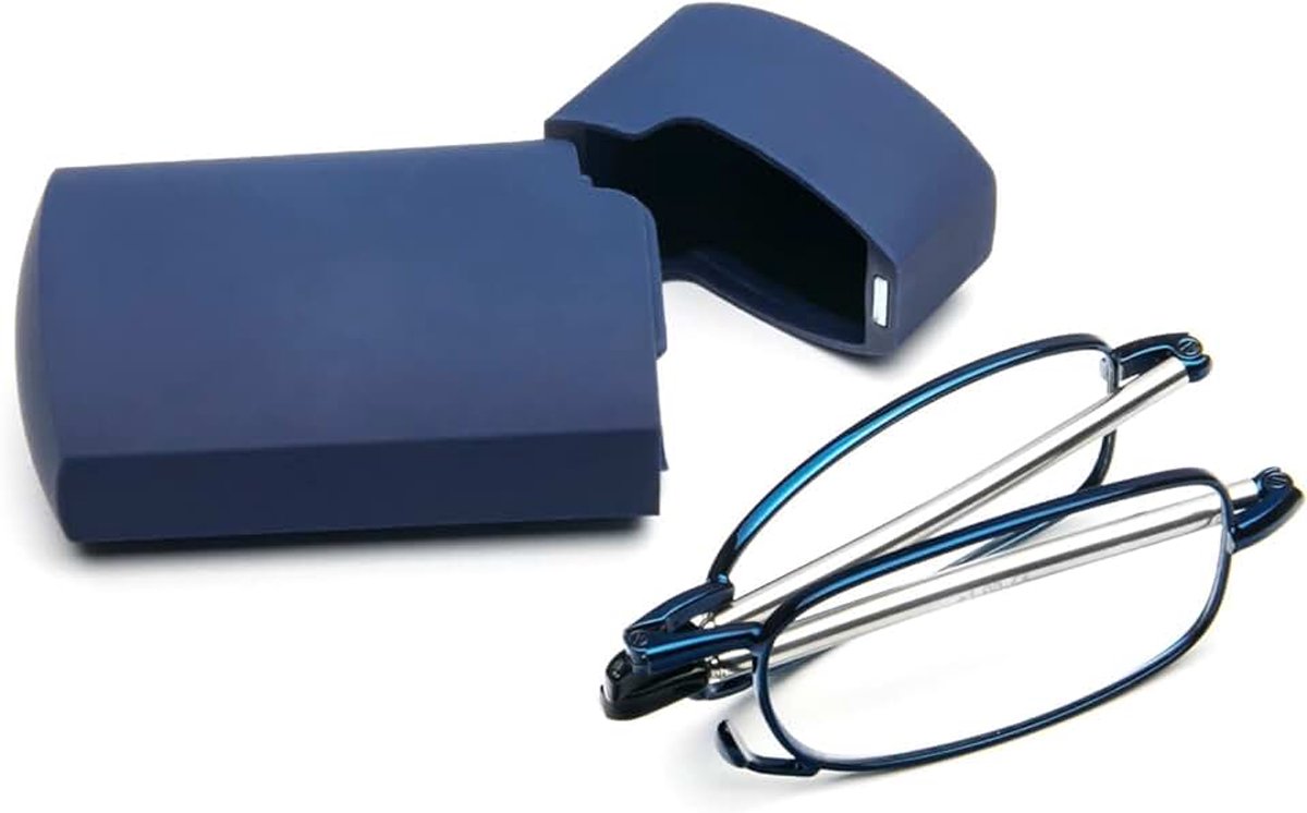 Blauwe opvouwbare leesbril voor dames en heren, met telescoopstangen met draagtas