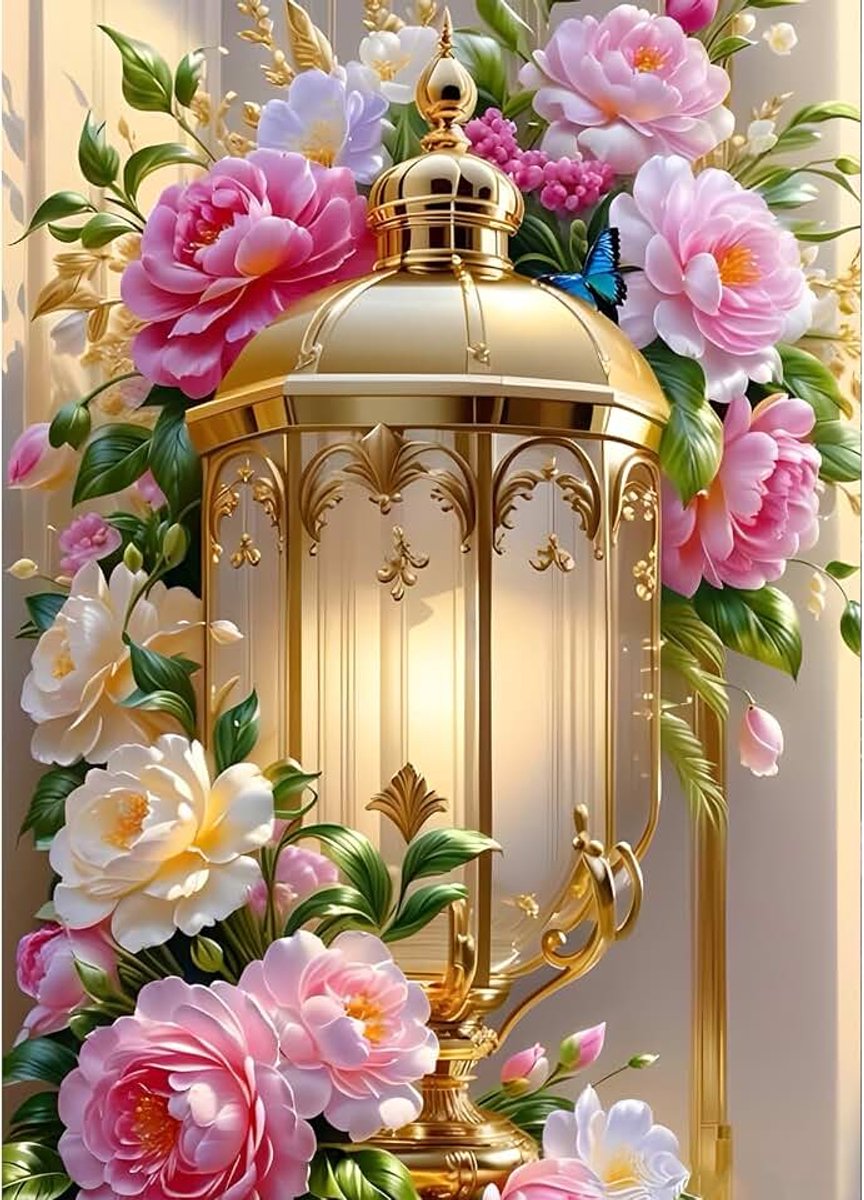 Pioenroos Bloemen Diamond Painting Volwassenen, Straatlamp 5D Diamant Kunst Afbeeldingen Beginners, Doe-het-zelf Ronde Boor, Volledige Boor, Diamant Schilderij, Borduurwerk, Kruissteek, Cadeaus
