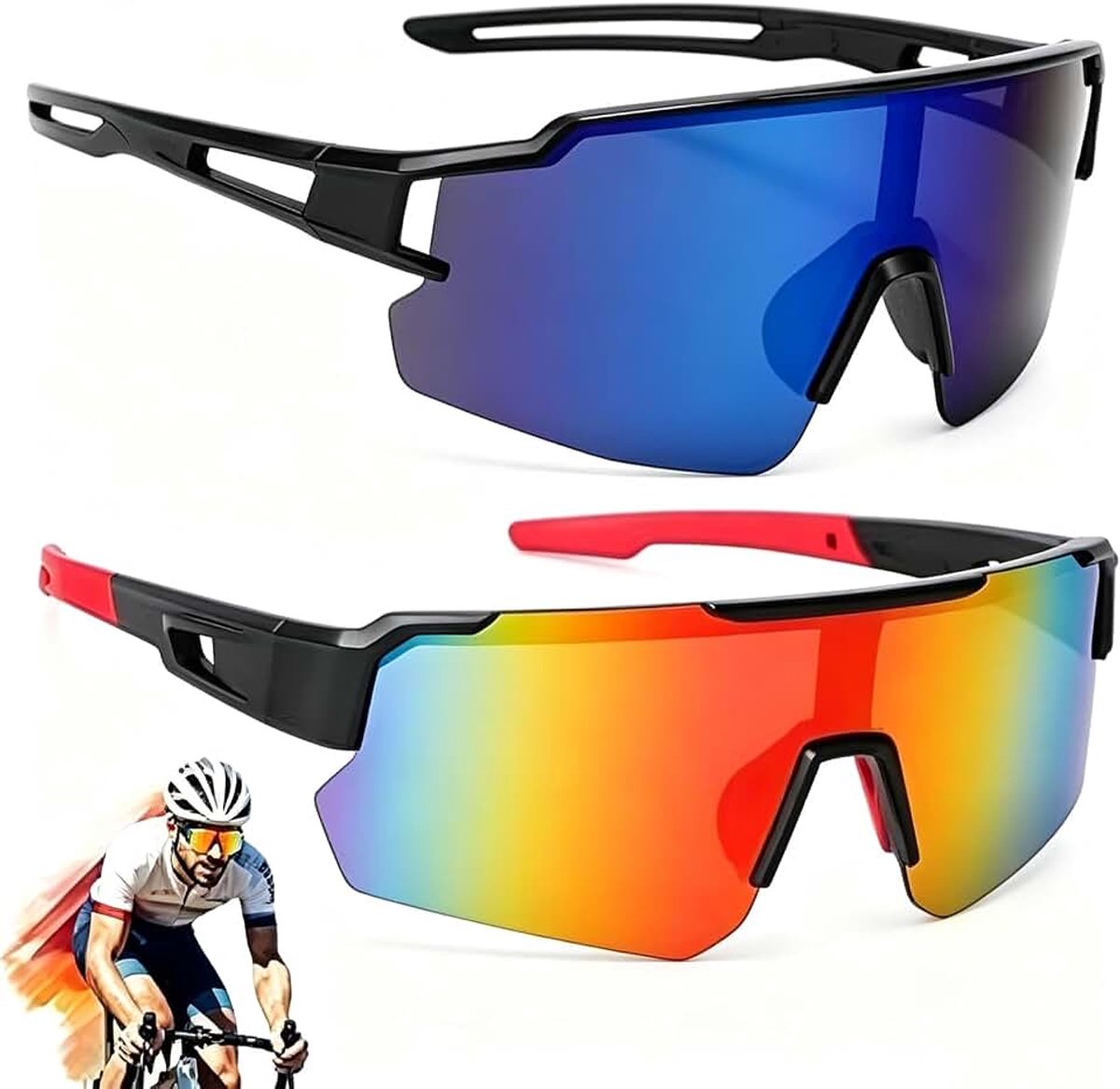 Gepolariseerd, 2 stuks, fietsbril, snelle bril voor heren en dames, sportzonnebril, UV400 heldere loopbril voor MTB, racefiets, fiets, ski, rave