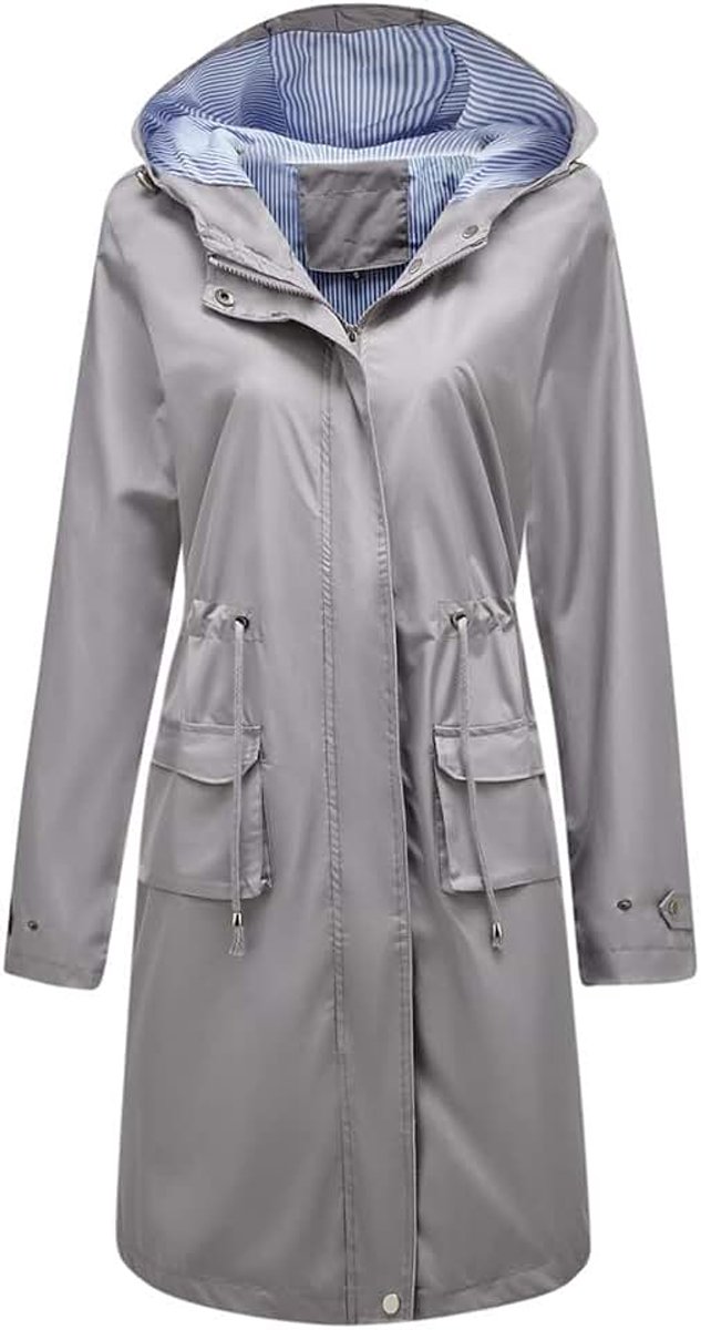 Damesmantel, waterdicht, elegant, winddicht, met capuchon, lange regenjas, slim fit, effen kleur