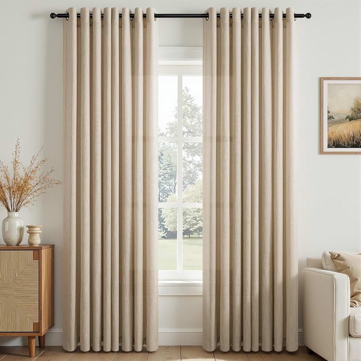 Lichtbruin gordijn, 140 x 225 cm, gordijnen voor binnen, voile van linnen met halftransparante ogen, voor woonkamer, modern, licht gordijn voor ramen, 2 stuks