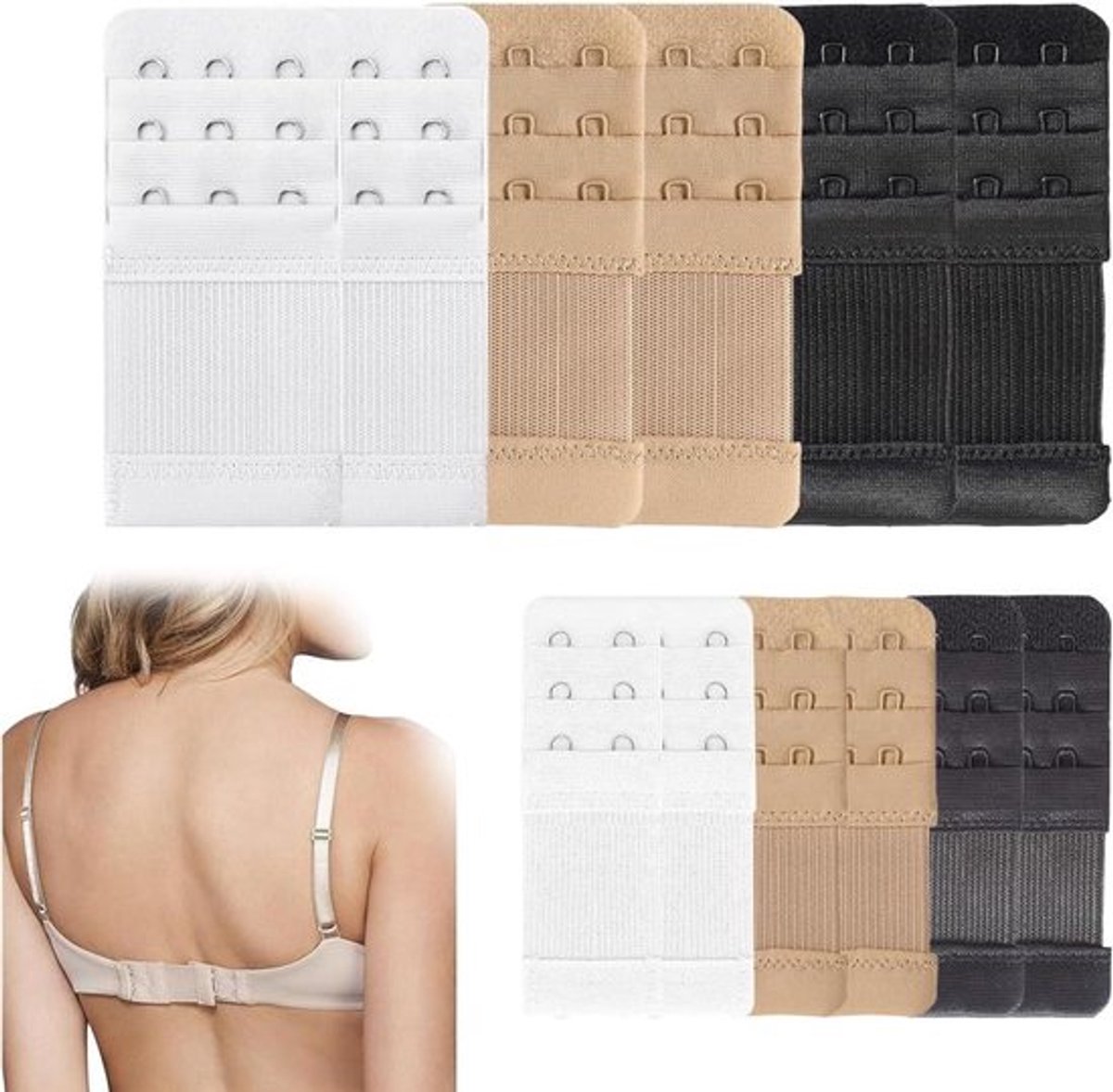 Set van 12 beha verlengstukjes met 3 rijen en 2/3 haken - Zacht, comfortabel en elastisch - Licht beige en wit/zwart - Beha verlengbandjes.