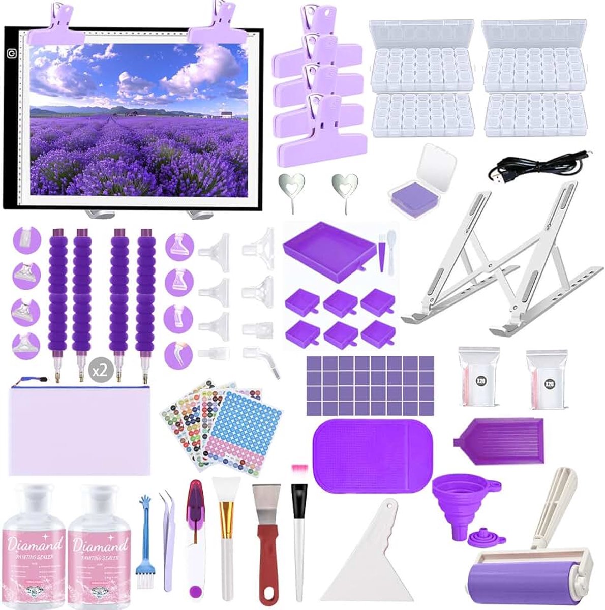 247 stuks all-inclusive Diamond Painting accessoires gereedschap diamant schilderij kit Diamond Art accessoires kit met A3 Diamond Painting Light Pad, Diamond Art Sealer lijm voor doe-het-zelf