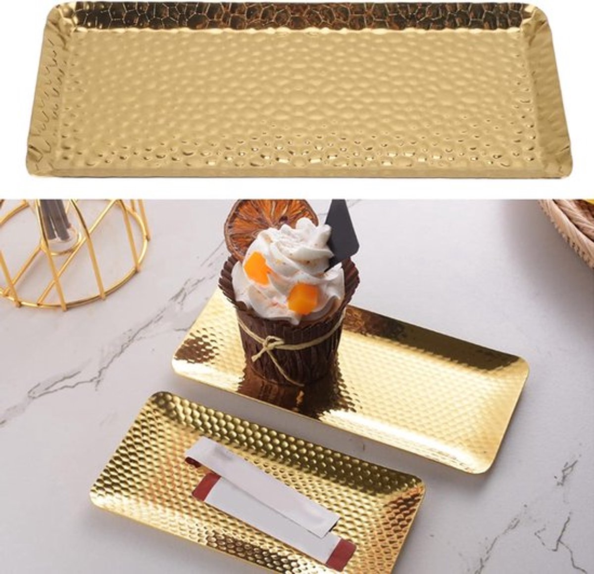 Serveerschaal met gehamerd spiegeloppervlak, elegant dienblad, vaatwasmachinebestendig, voor restaurants, goudknop, luxe uitstraling, feestelijke gelegenheden.